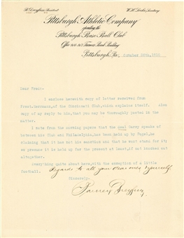 1910 Barney Dreyfuss Signed Letter To Fred Clarke Dated 10/26/1910 on Pittsburgh Athletics Letterhead (JSA)